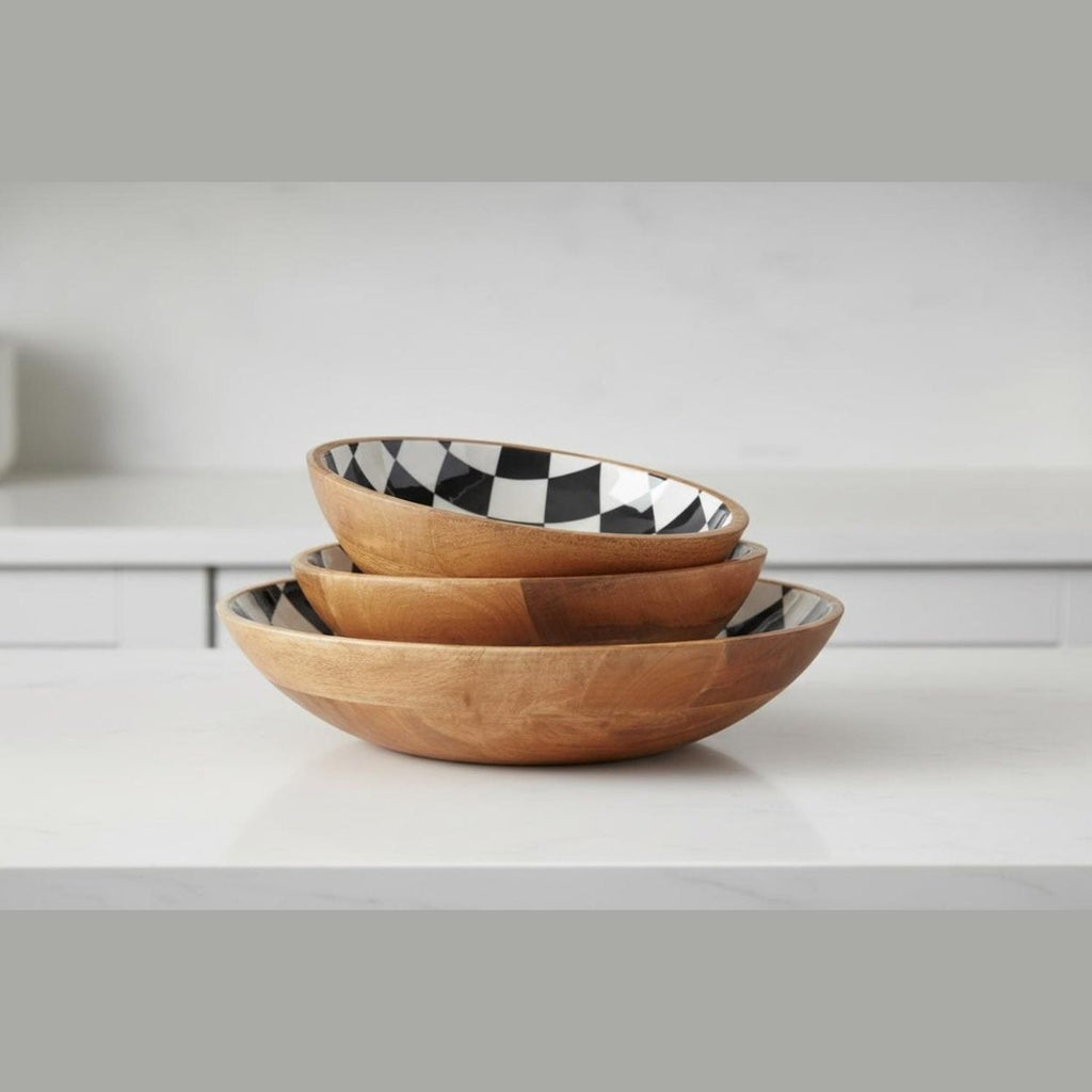 Black & White Check Enameled Wood Nesting Bowls (Set of 3)