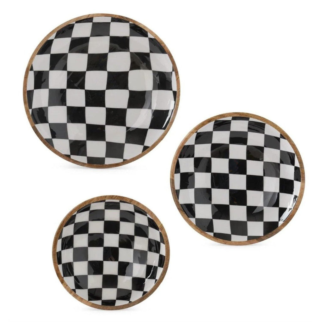 Black & White Check Enameled Wood Nesting Bowls (Set of 3)