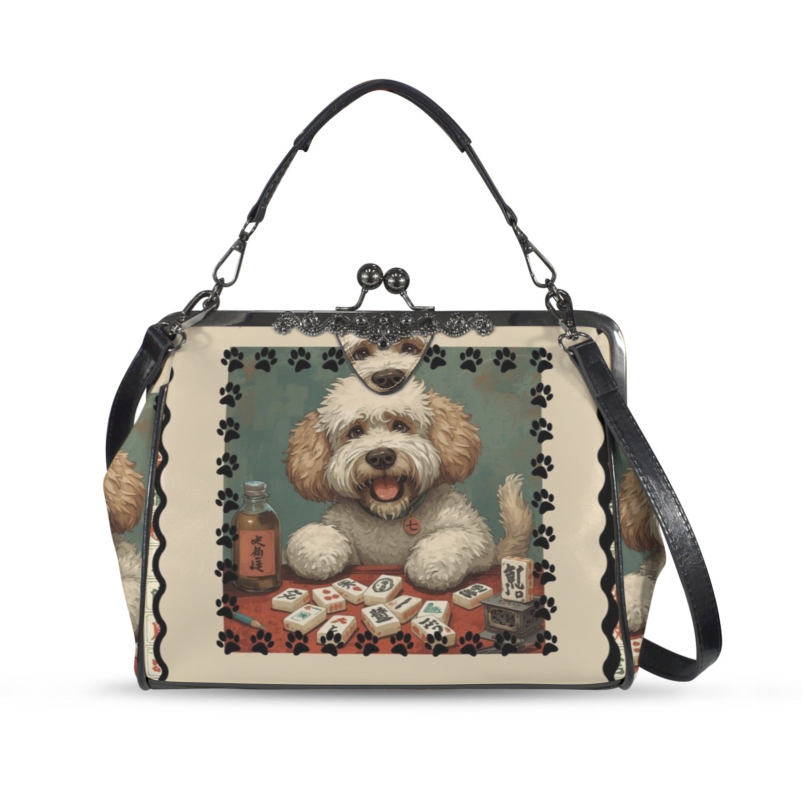 Mahjong Doodle Dog, Whimsical Vintage Style Kisslock Crossbody Shoulder Bag