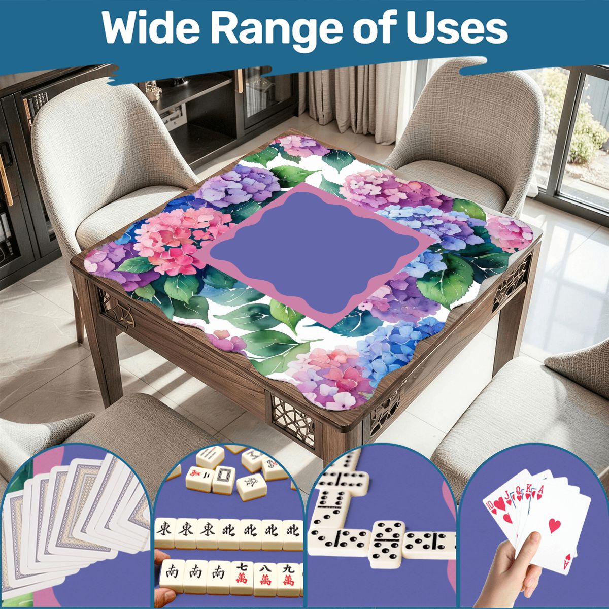 Watercolor Blooming Hydrangeas Scalloped Mahjong Mat