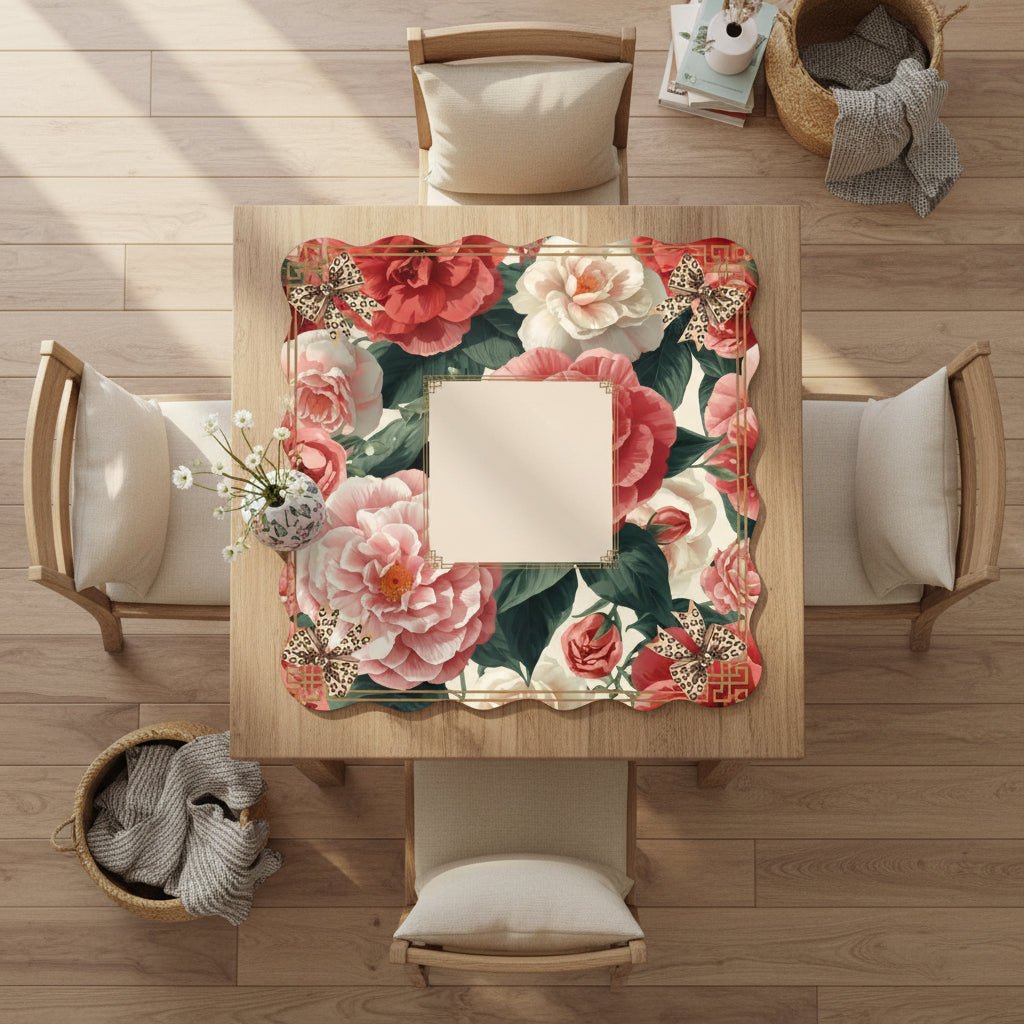 Floral Charleston Camellias Scalloped Mahjong Mat
