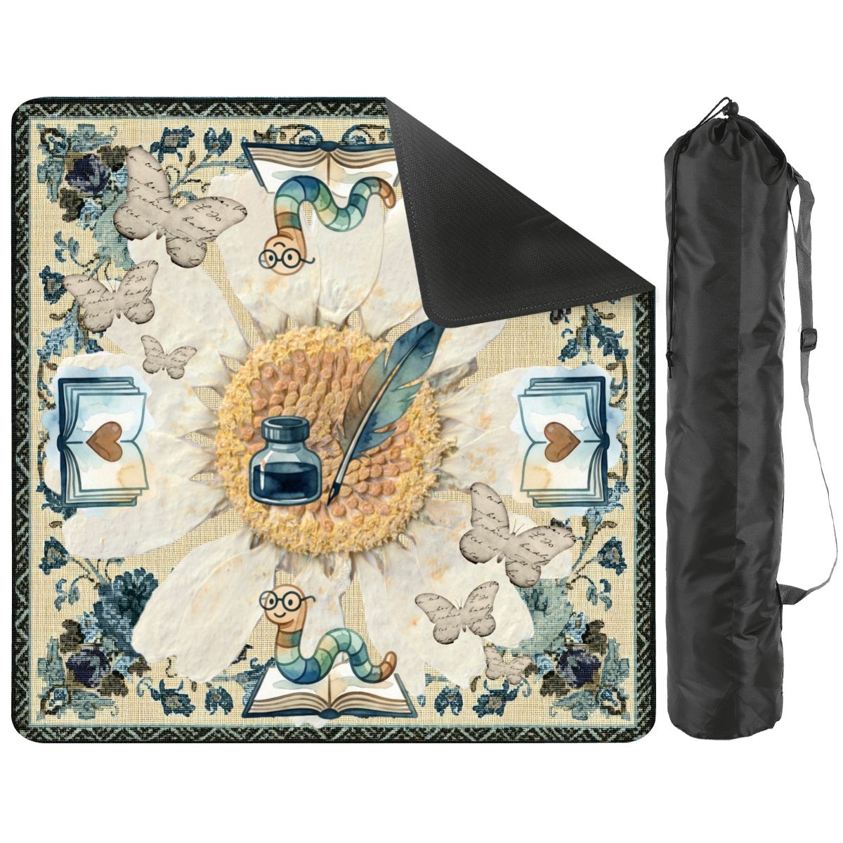 Once Upon A Mahjong Ink And Ivory Faux Embroidered Book Worm Mahjong Mat