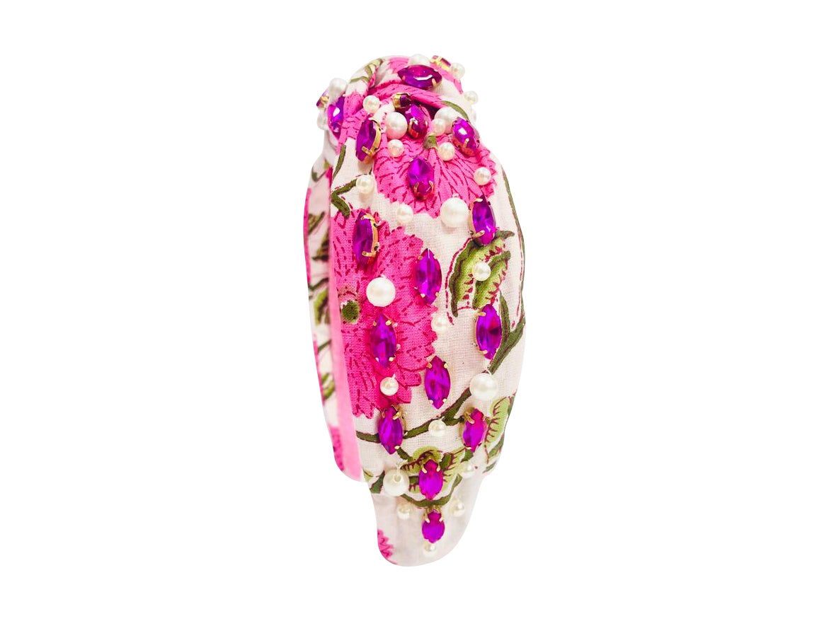 Spring Floral Print Headband - Pink Rhinestone Pink Flowers