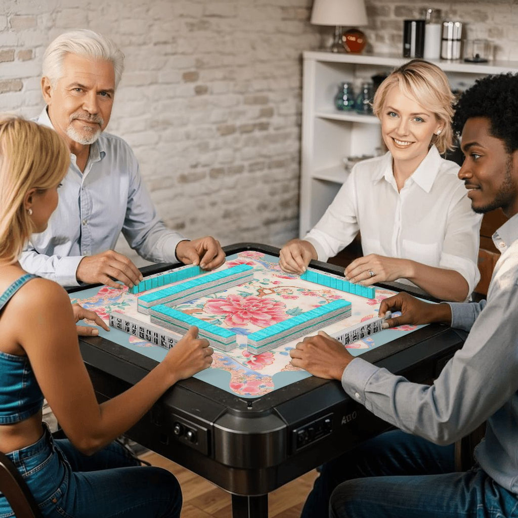 Famille Rose Pink Peony, Baby Blue Floral Chinoiserie Mahjong Mat