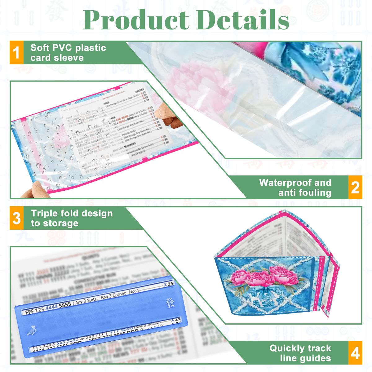 Pink Peony Watercolor Blue, 4 Mahjong Card Holder with Line Finder