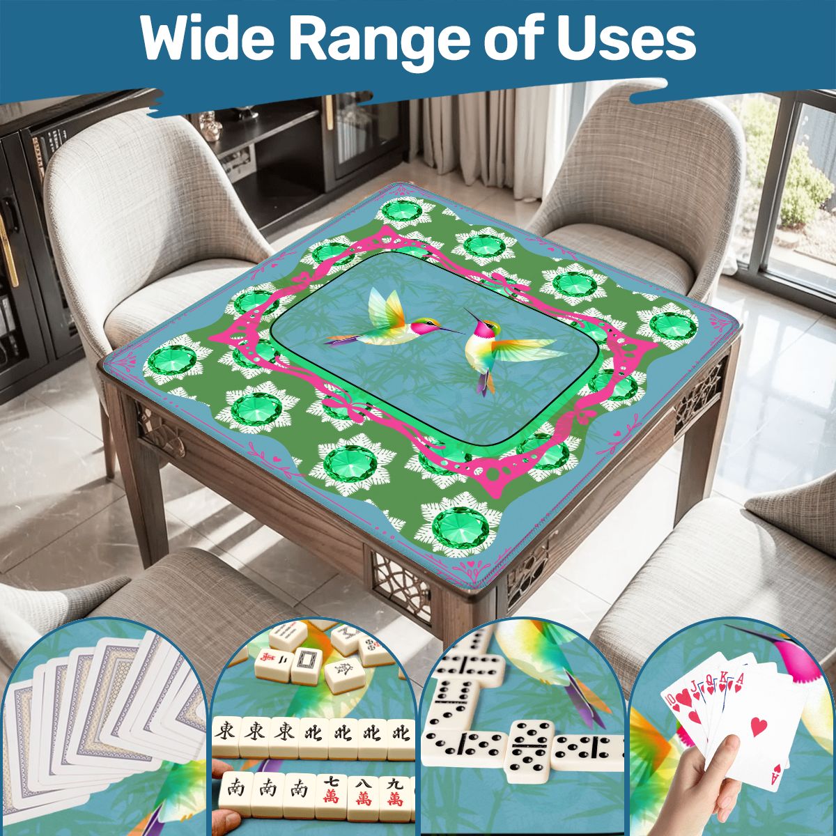 Emerald Mahjong Mat, Flutterbird Mat, Preppy Pink, Green Blue Floral
