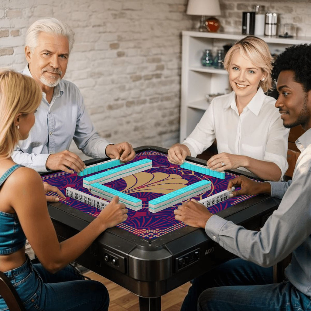 Art Deco Mahjong Mat, Blue Burgundy Gold Gilded