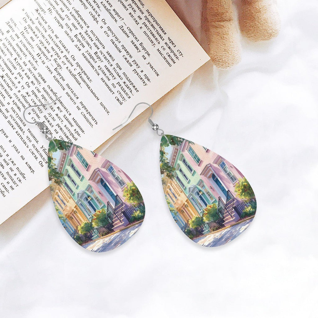 Charleston South Carolina Rainbow Row Leather Teardrop Earrings