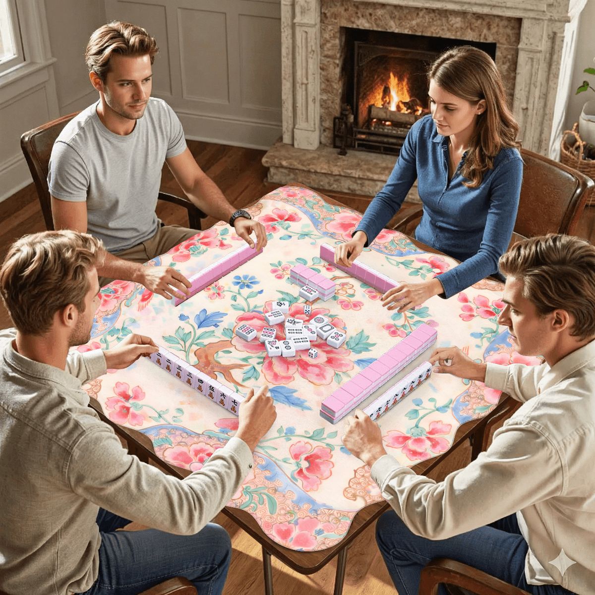 Famille Rose Scalloped Mahjong Mat Preppy Pink, Baby Blue Chinoiserie