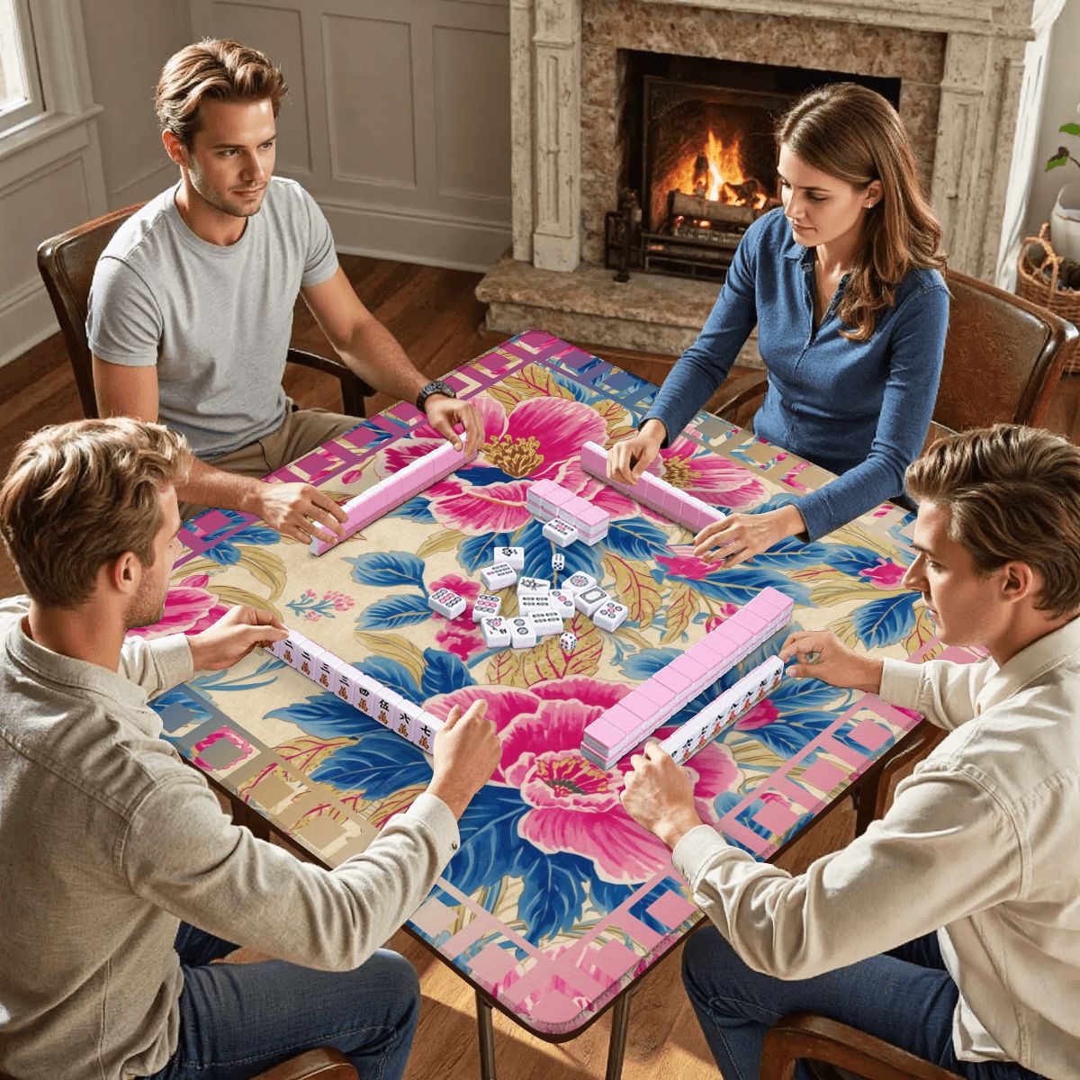 The Secret Garden Floral Pink, Blue Mahjong Mat