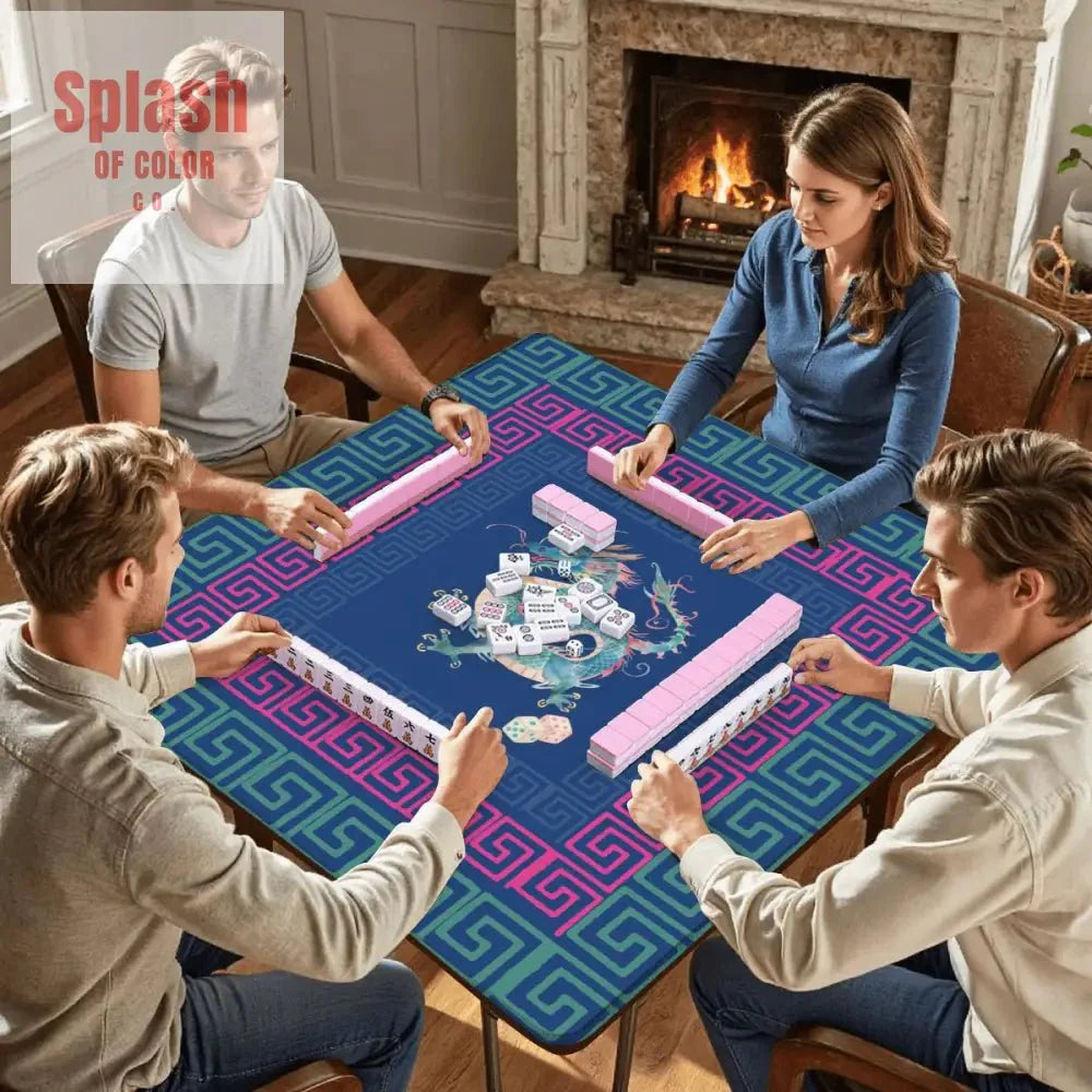 Chinese Dragon Royal Blue Hot Pink Teal Greek Key Border Mahjong Mat