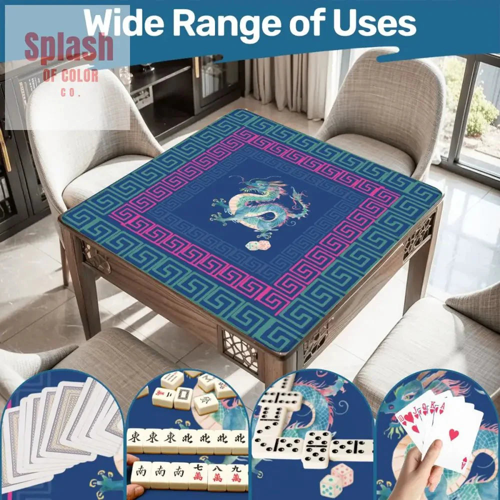 Chinese Dragon Royal Blue Hot Pink Teal Greek Key Border Mahjong Mat