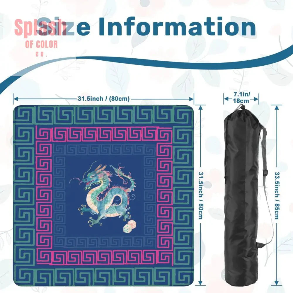 Chinese Dragon Royal Blue Hot Pink Teal Greek Key Border Mahjong Mat