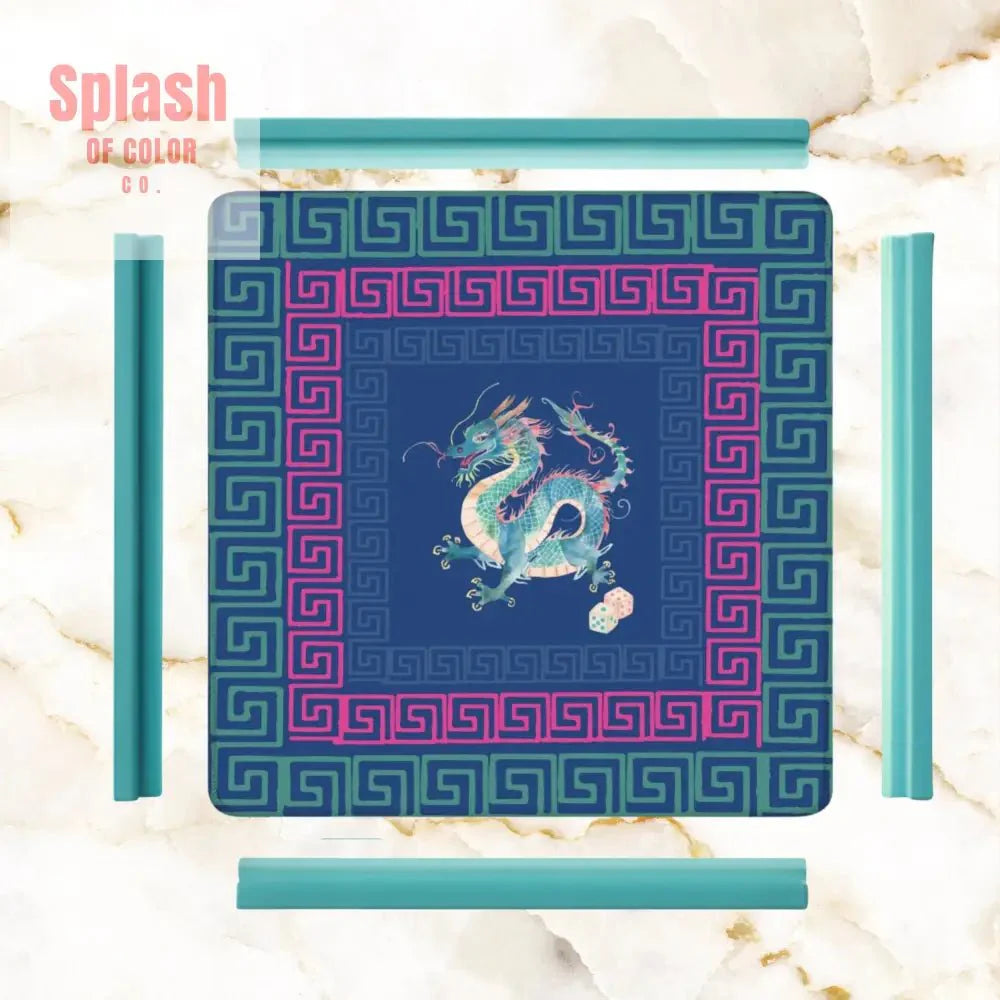 Chinese Dragon Royal Blue Hot Pink Teal Greek Key Border Mahjong Mat