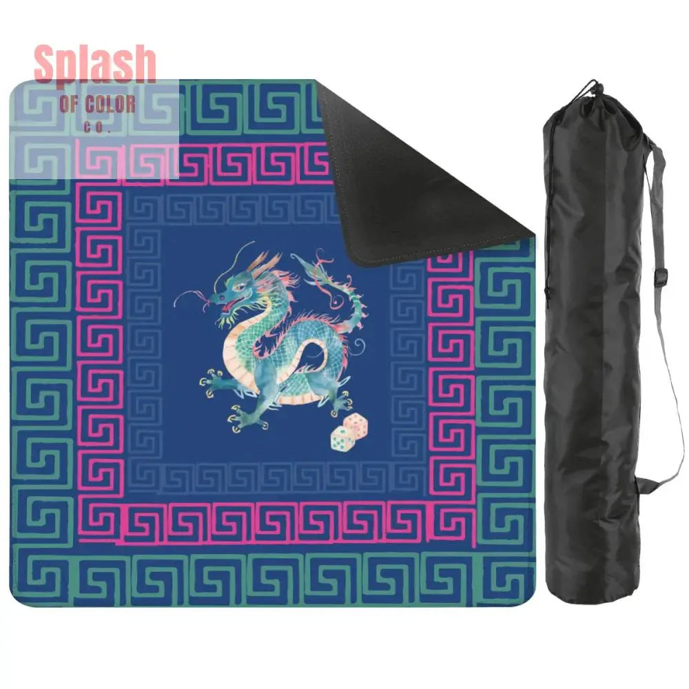 Chinese Dragon Royal Blue Hot Pink Teal Greek Key Border Mahjong Mat