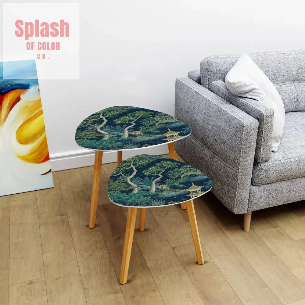 Chinoiserie Asian Floral Pagoda Tranquil Zen Garden Modern Nesting Tables