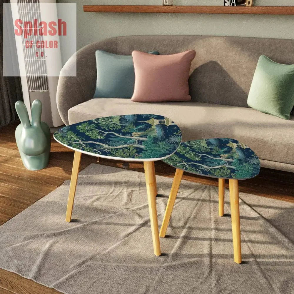 Chinoiserie Asian Floral Pagoda Tranquil Zen Garden Modern Nesting Tables