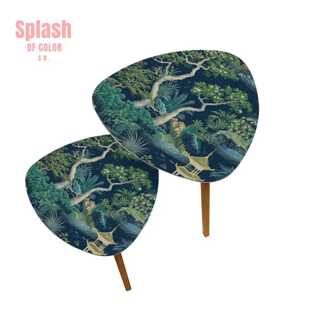 Chinoiserie Asian Floral Pagoda Tranquil Zen Garden Modern Nesting Tables
