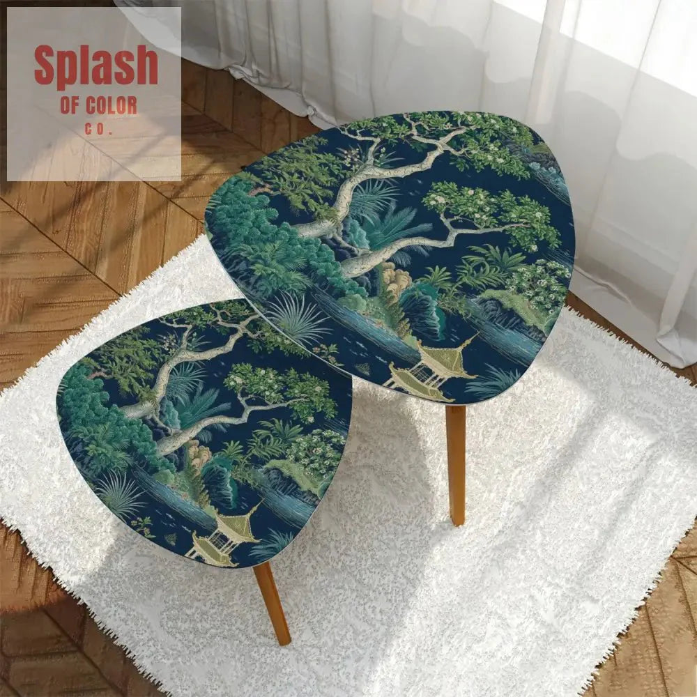 Chinoiserie Asian Floral Pagoda Tranquil Zen Garden Modern Nesting Tables