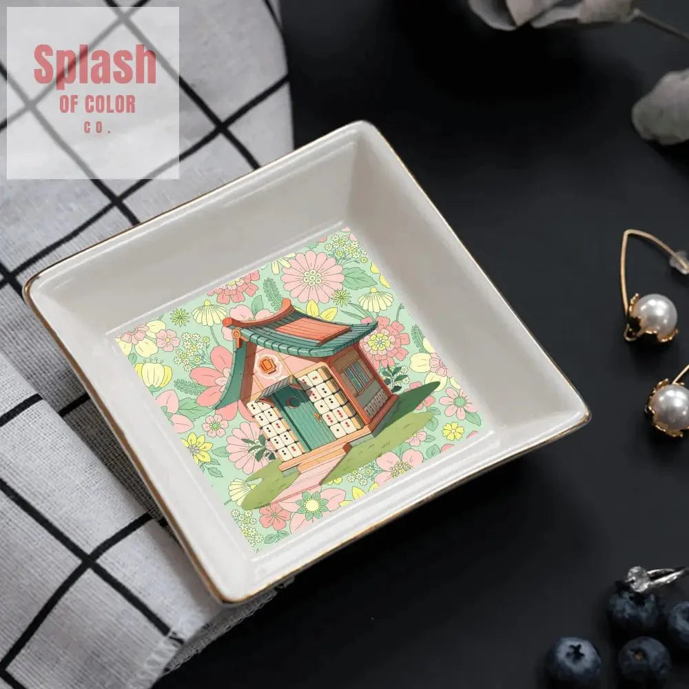 Mahjong Appetizer Dessert Plates With Cottage Floral Mahjong Tile House Design