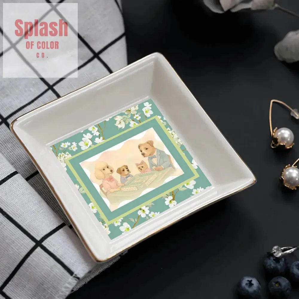 Fynny Dogs Playing Mahjong Floral Dessert Appetizer Party Plates