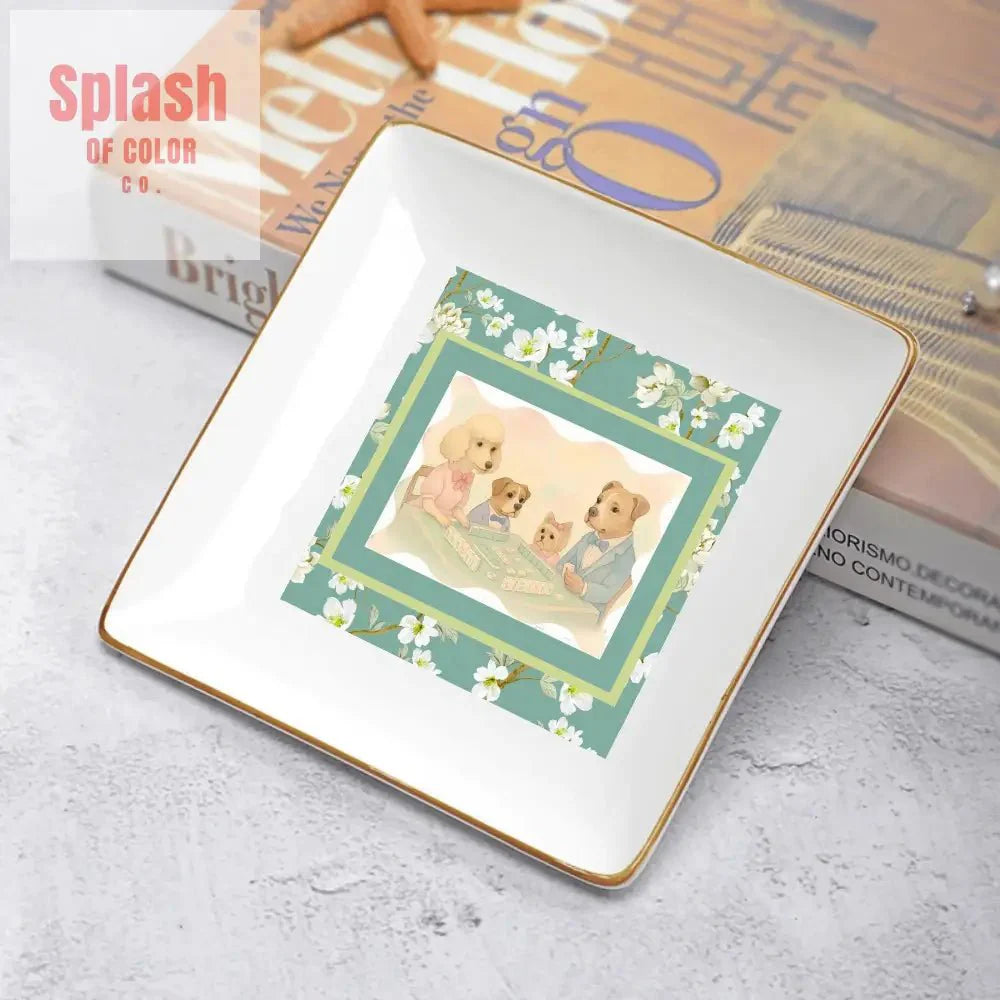 Fynny Dogs Playing Mahjong Floral Dessert Appetizer Party Plates