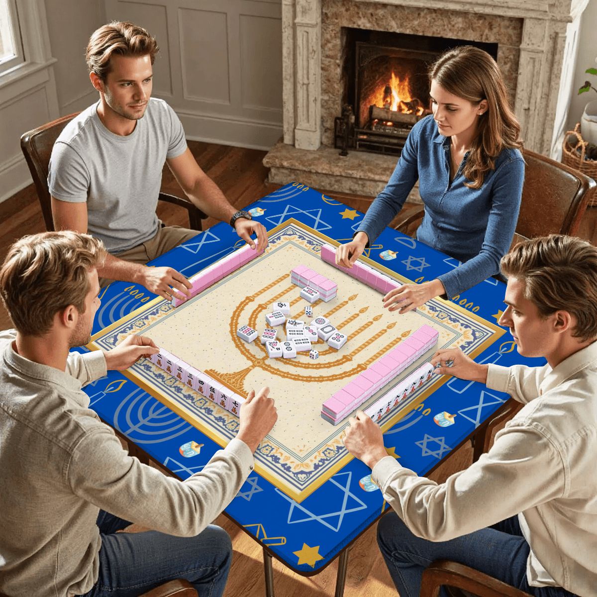 Hanukkah Mahjong Mat With Menorah And Dreidels