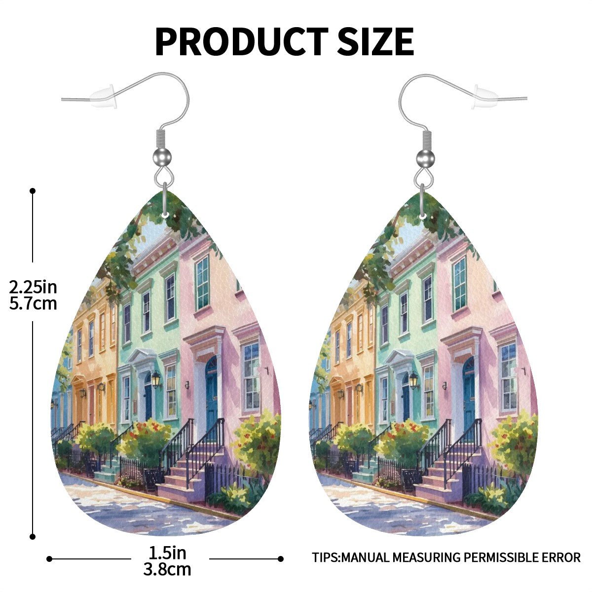 Charleston South Carolina Rainbow Row Leather Teardrop Earrings