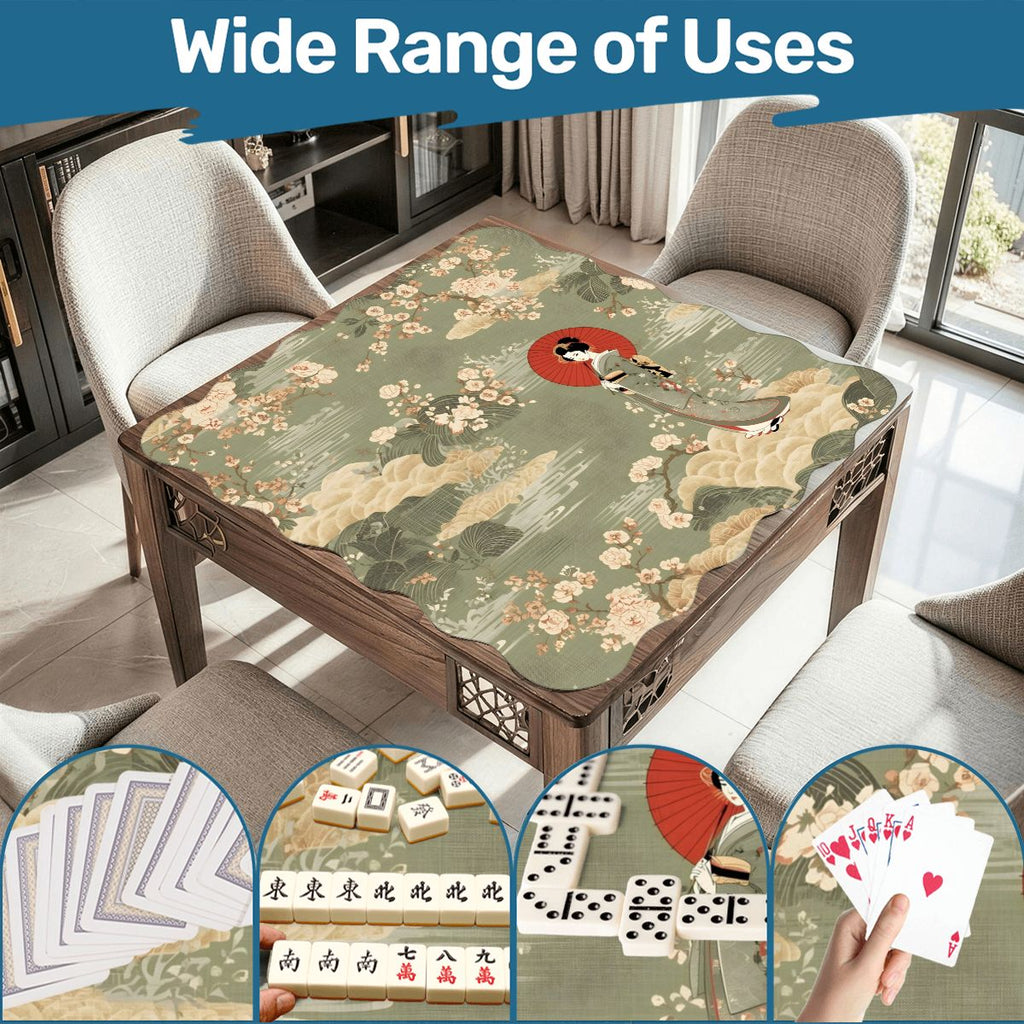 Floral Asian Geisha Girl Scalloped Mahjong Mat