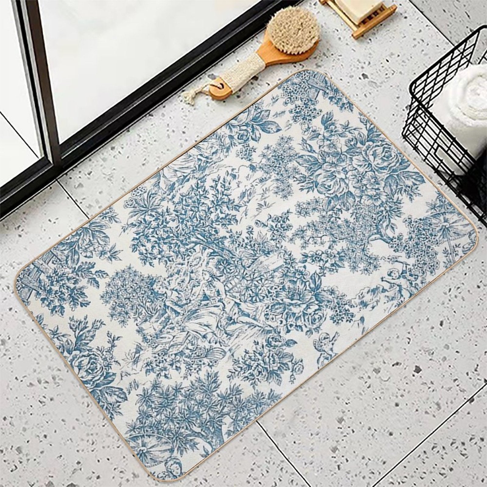 Powder Blue Romantic Flowers French Toile Design  Absorbent Bath Mat