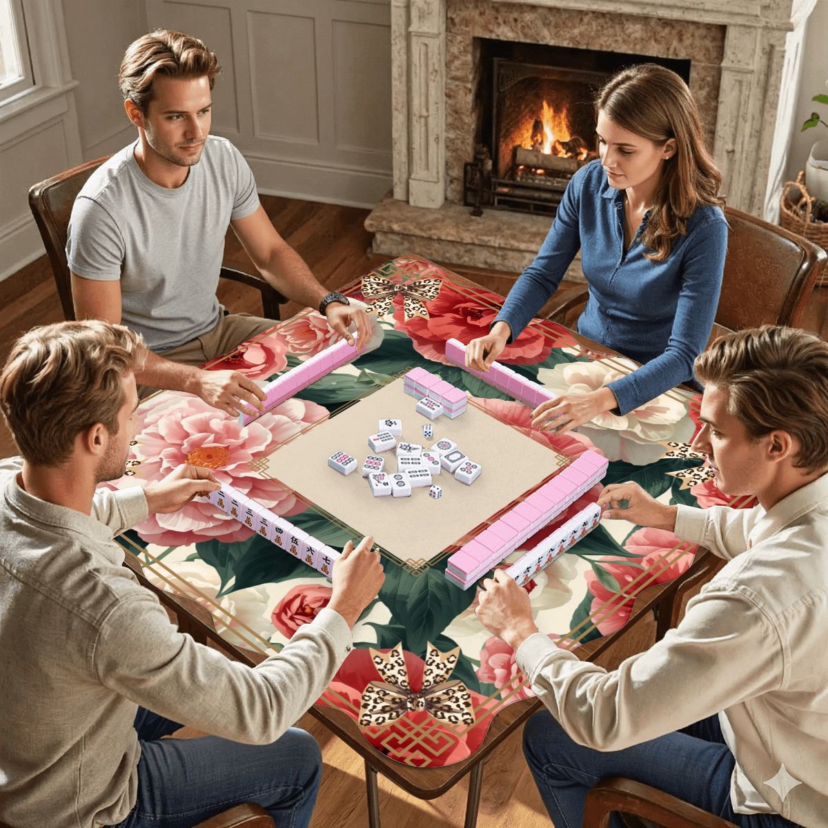 Floral Charleston Camellias Scalloped Mahjong Mat