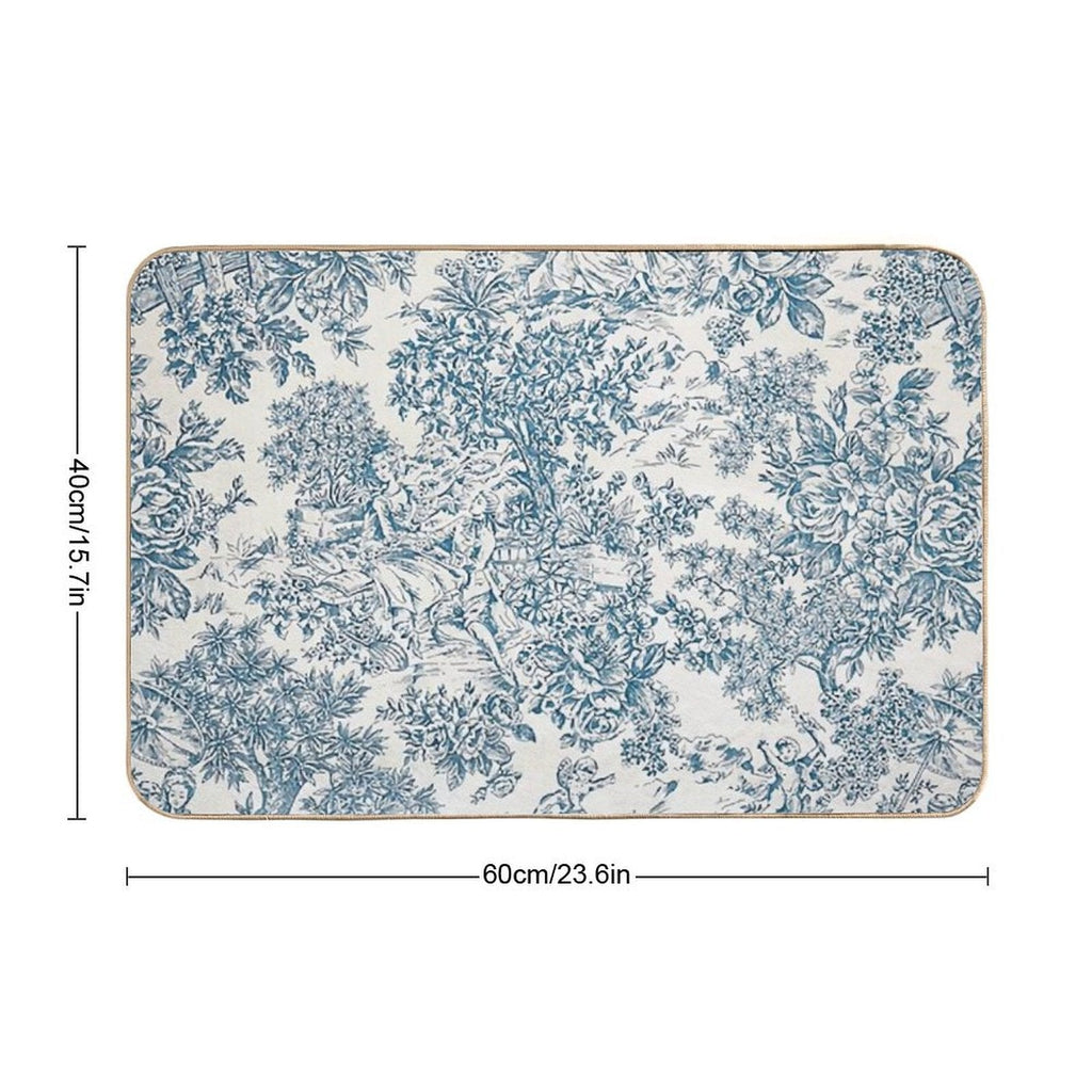 Powder Blue Romantic Flowers French Toile Design  Absorbent Bath Mat