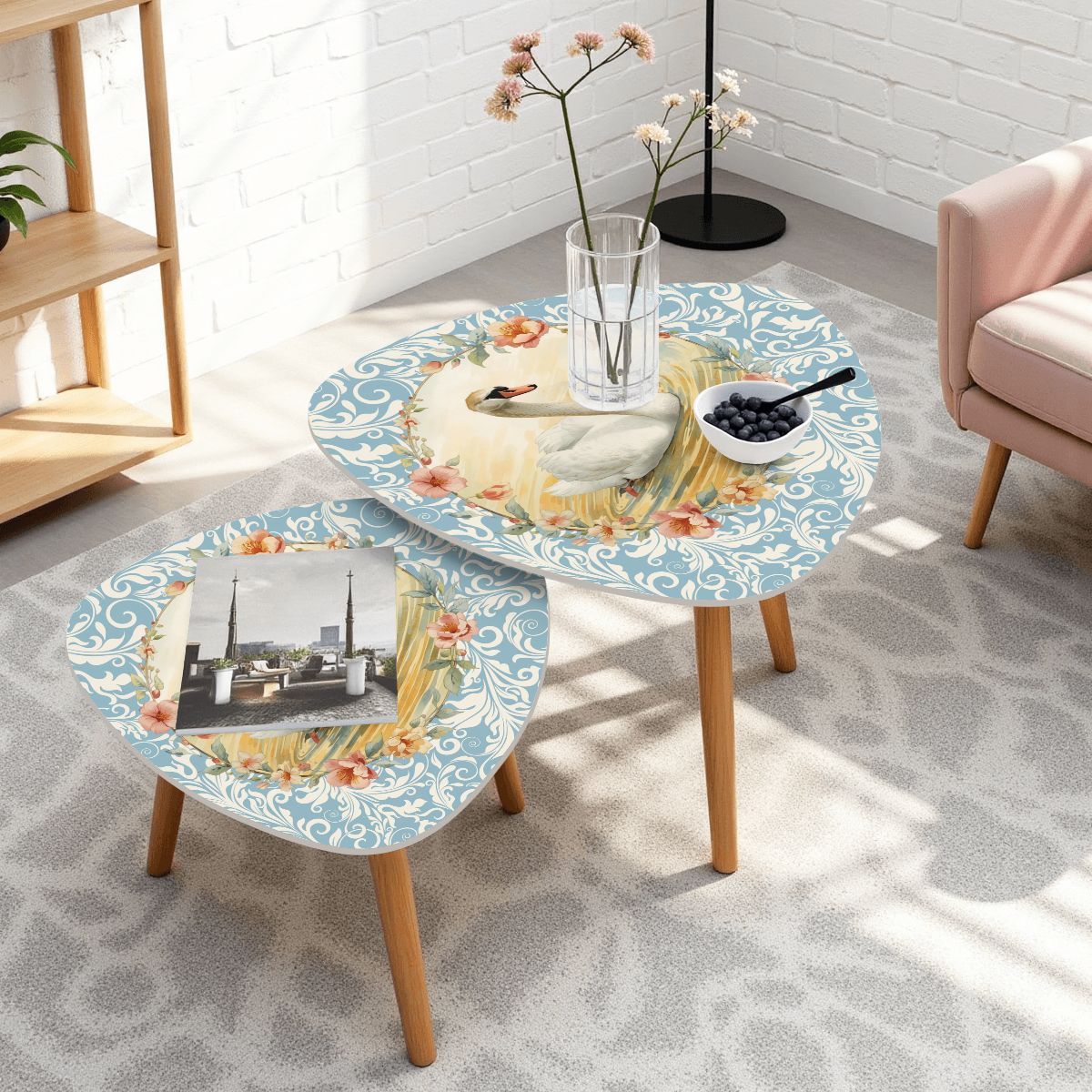 On Golden Pond Floral Swan Modern Nesting Tables