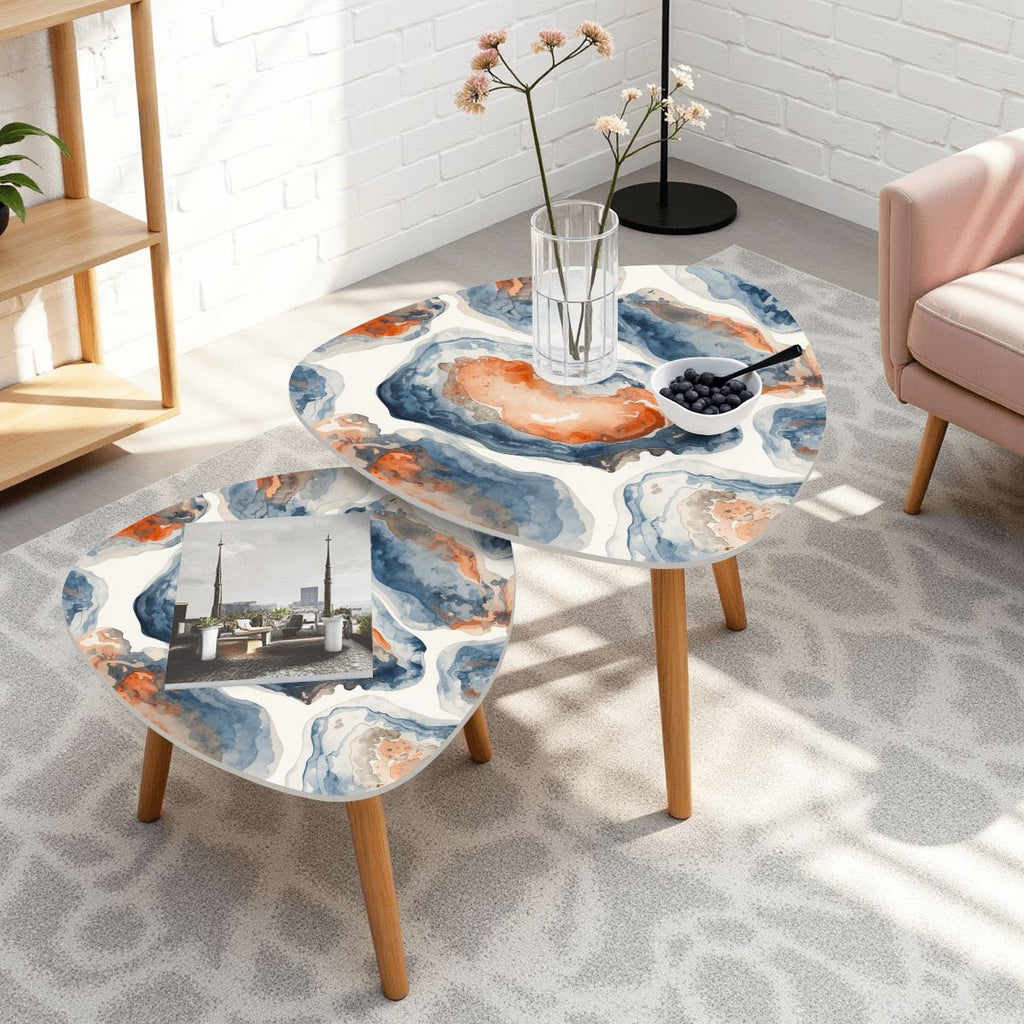 Watercolor Blue Oyster Modern Nesting Tables Triangle Coffee Table Set of 2