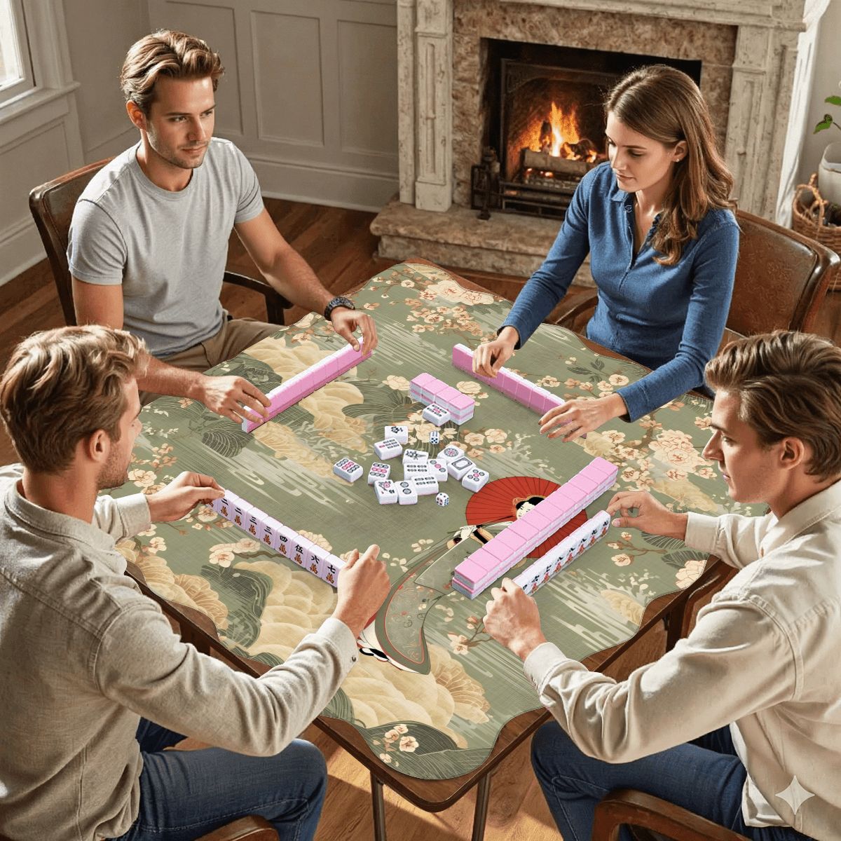 Floral Asian Geisha Girl Scalloped Mahjong Mat