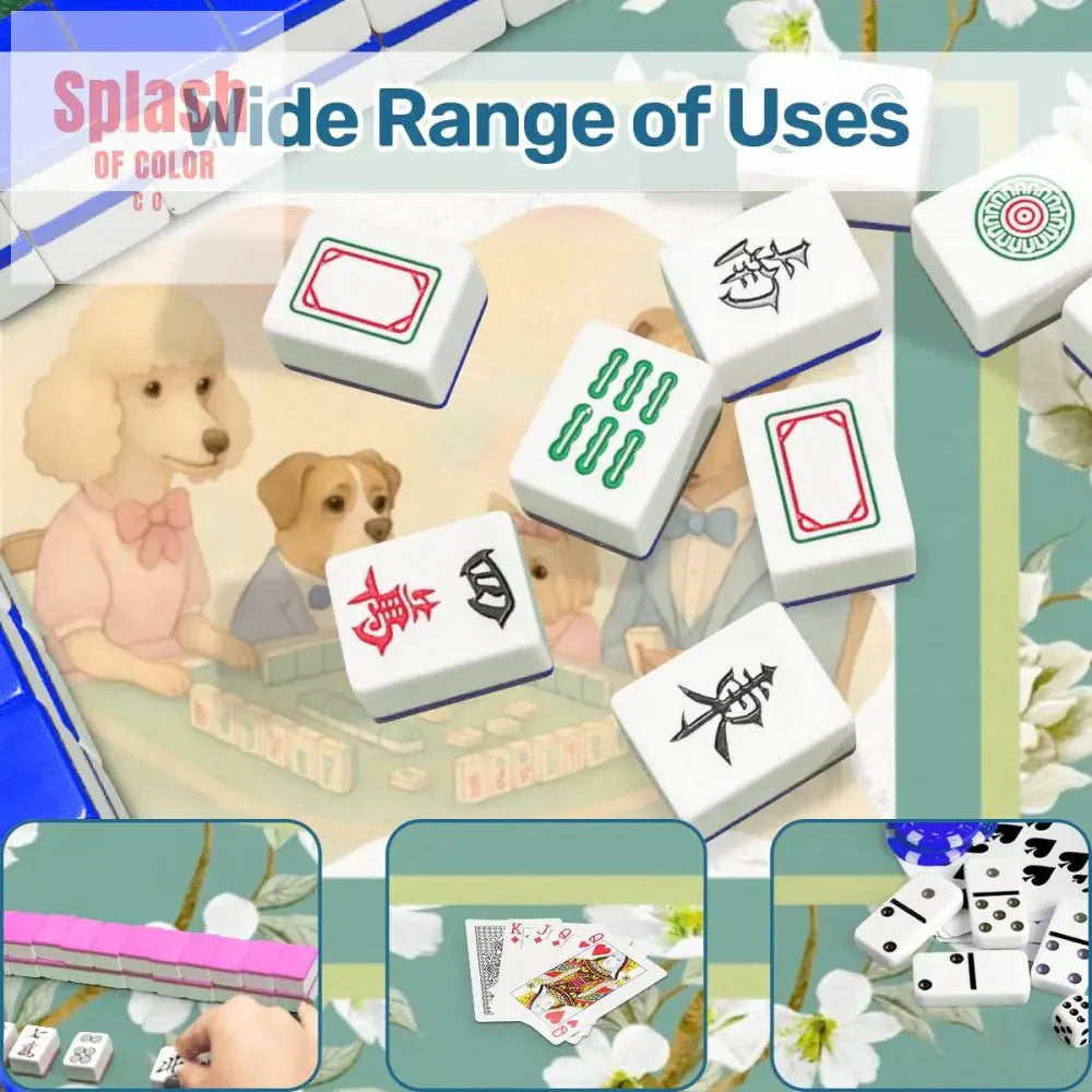 Dogs Playing Mahjong Mat Whimsical Floral Asian Designed Neoprene Mahj Mat