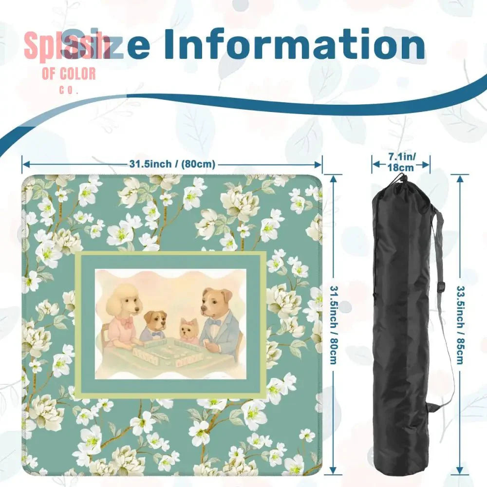 Dogs Playing Mahjong Mat Whimsical Floral Asian Designed Neoprene Mahj Mat