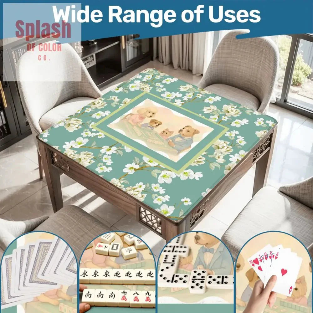Dogs Playing Mahjong Mat Whimsical Floral Asian Designed Neoprene Mahj Mat