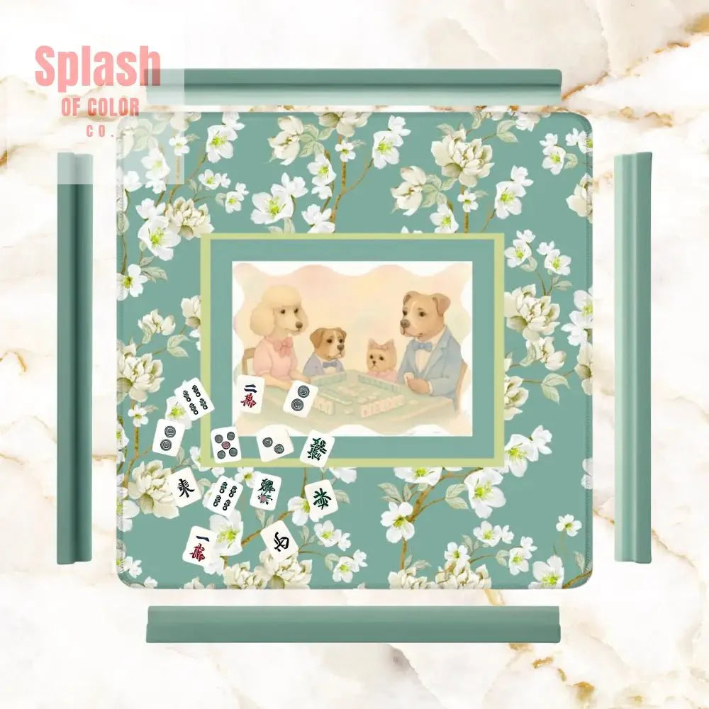 Dogs Playing Mahjong Mat Whimsical Floral Asian Designed Neoprene Mahj Mat