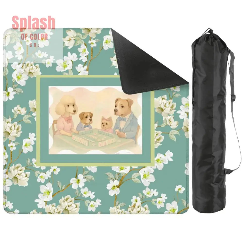 Dogs Playing Mahjong Mat Whimsical Floral Asian Designed Neoprene Mahj Mat