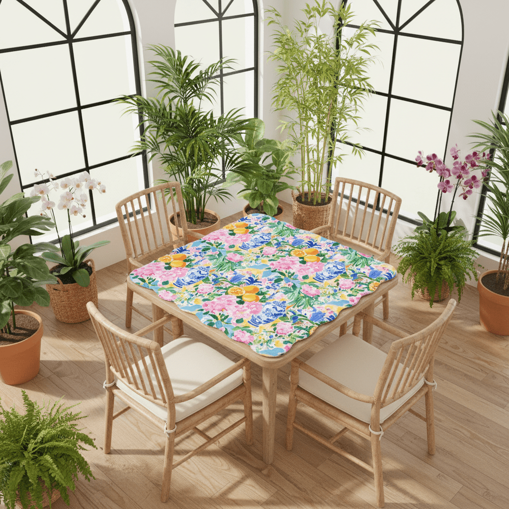 Asian Chinoiserie Tropical Pastel Scalloped Mahjong Mat