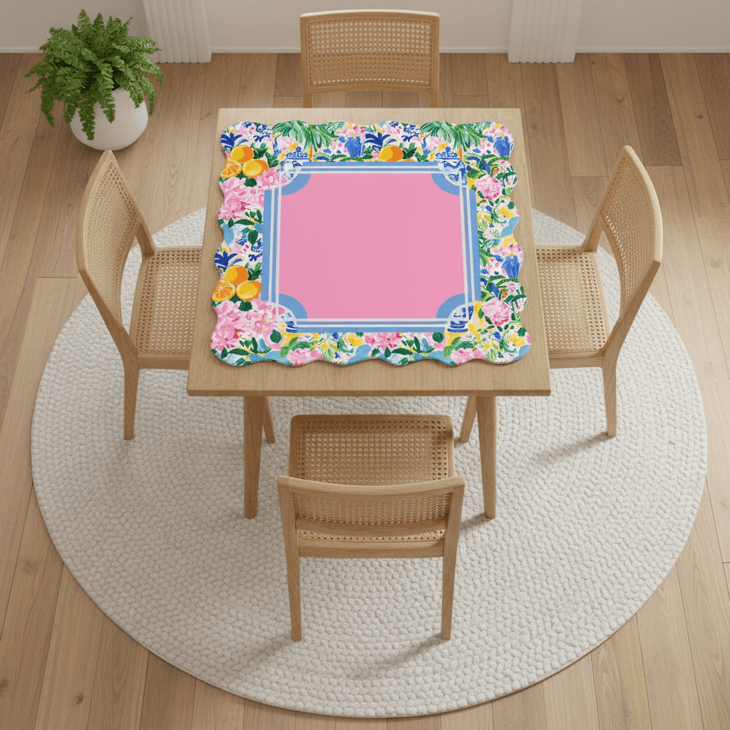 Floral Chinoiserie Preppy Pastel Scalloped Mahjong Mat