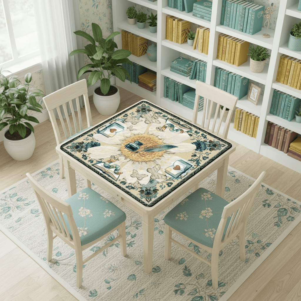 Once Upon A Mahjong Ink And Ivory Faux Embroidered Book Worm Mahjong Mat