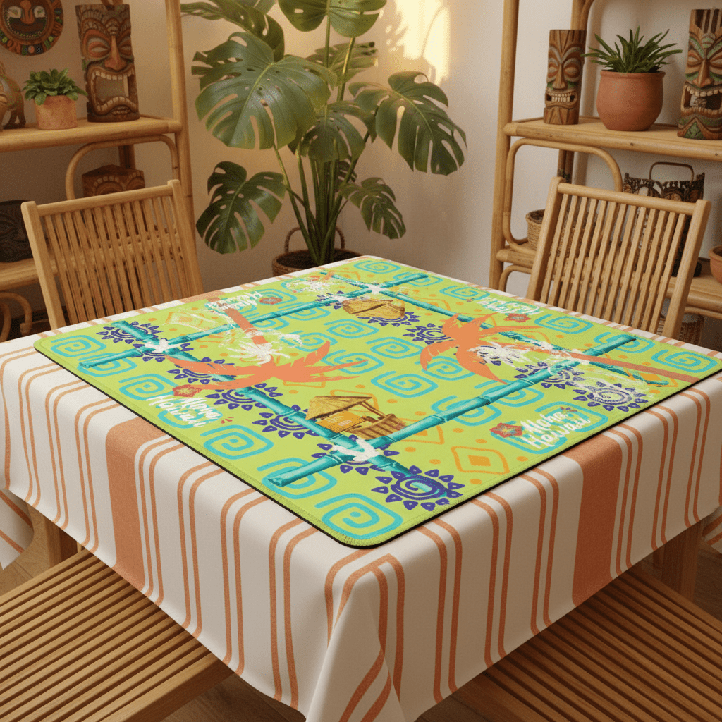 Aloha Hawaii Mahjong Mat Fun Whimsical Lime Green Orange Polynesian Mahj Mat