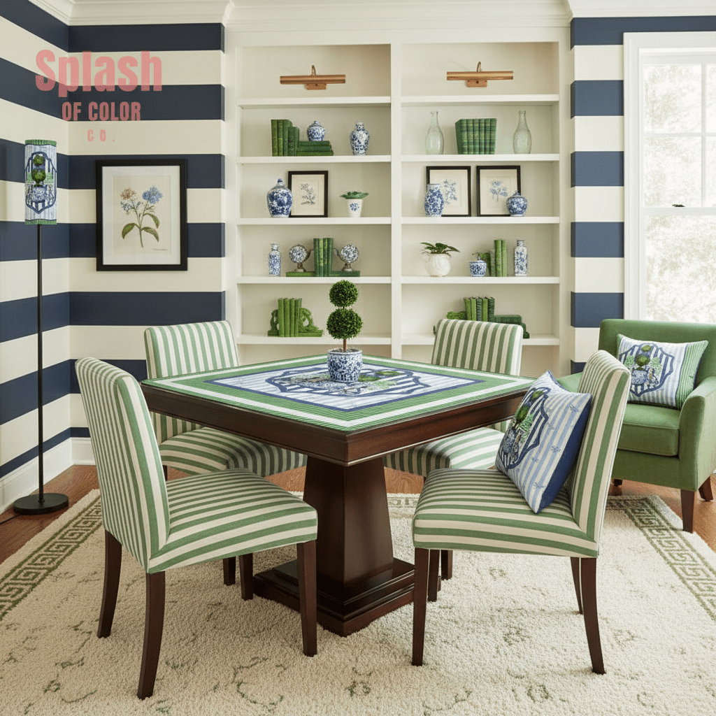 Chinoiserie Staffordshire Preppy Green Blue Striped Mahjong Mat