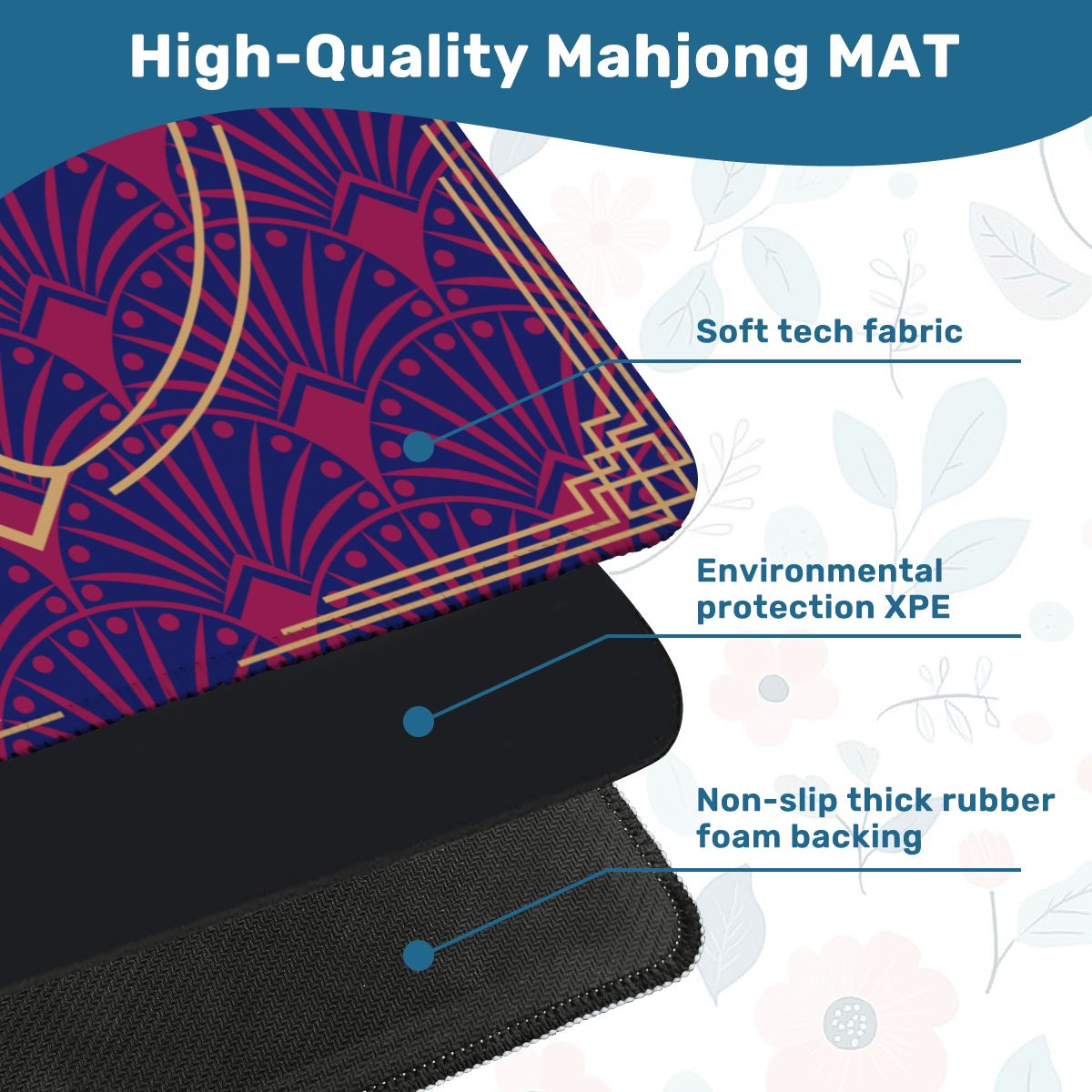 Art Deco Mahjong Mat, Blue Burgundy Gold Gilded