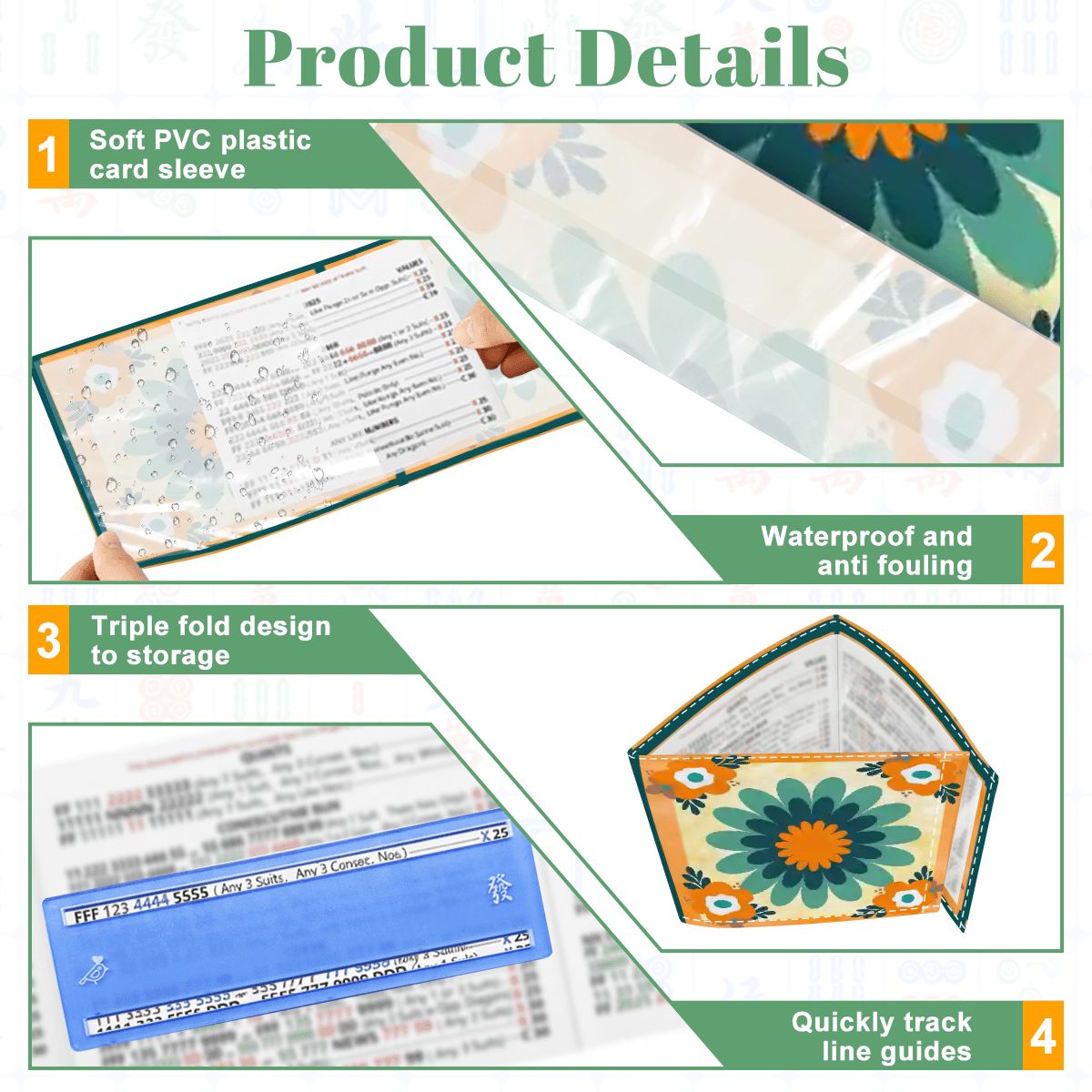Floral Boho Orange, Teal Blue 4 Mahjong Card Holder with Line Finder