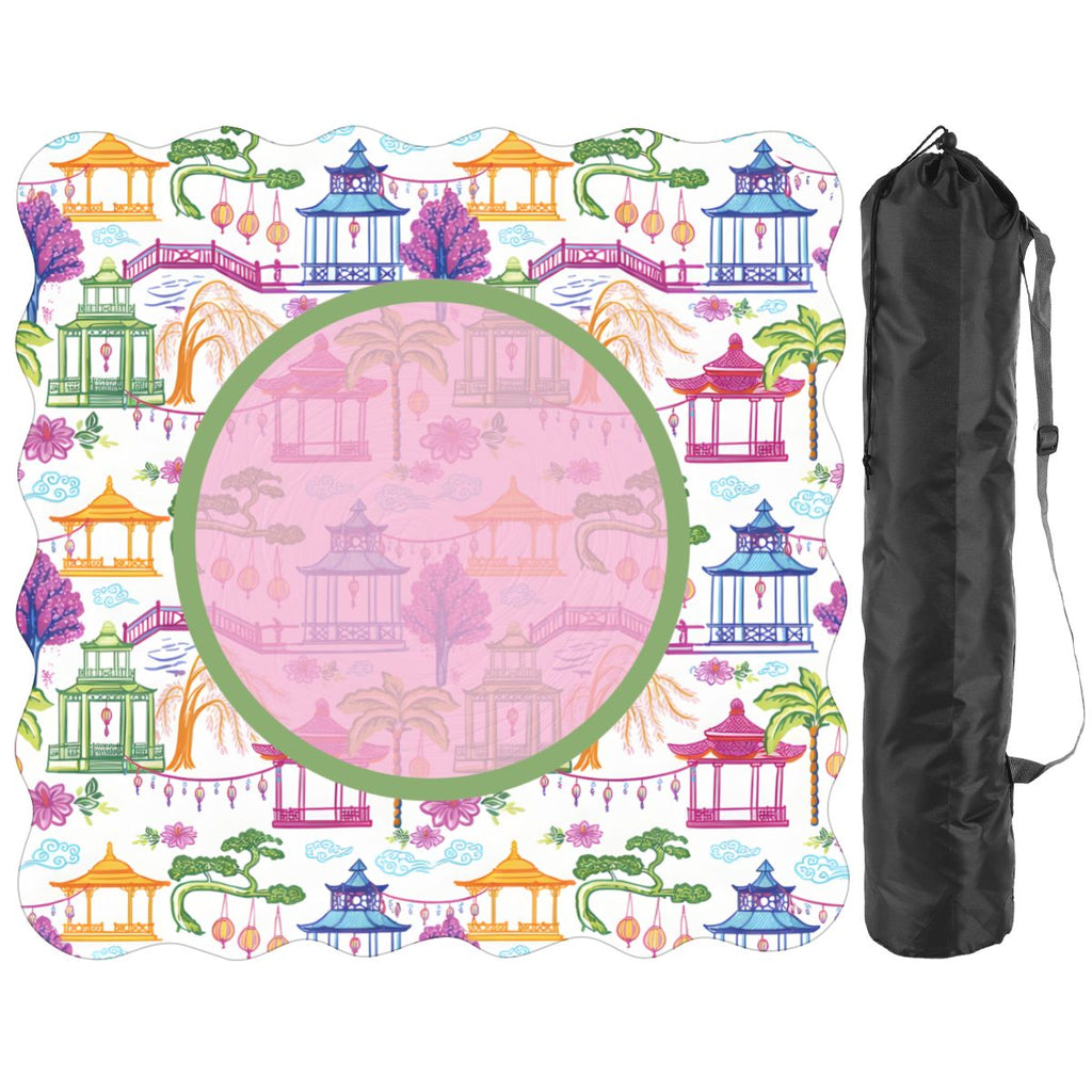 Chinoiserie Asian Gardens, Pagoda, Lantern Lavender And Blue Scalloped Mahjong Mat
