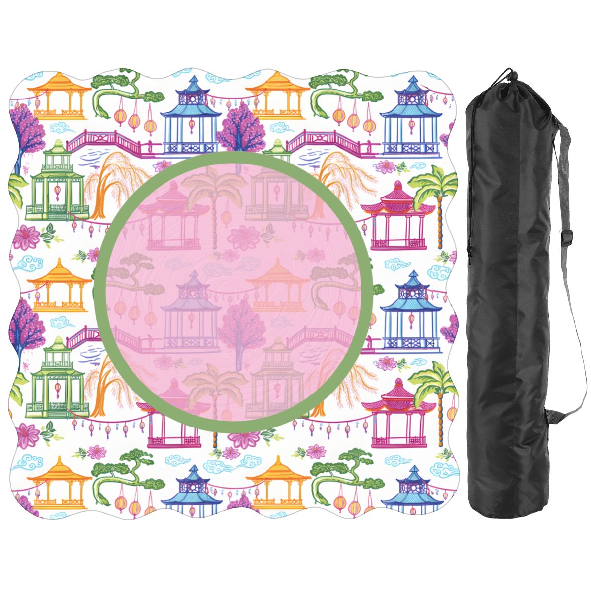 Chinoiserie Asian Gardens, Pagoda, Lantern Lavender And Blue Scalloped Mahjong Mat