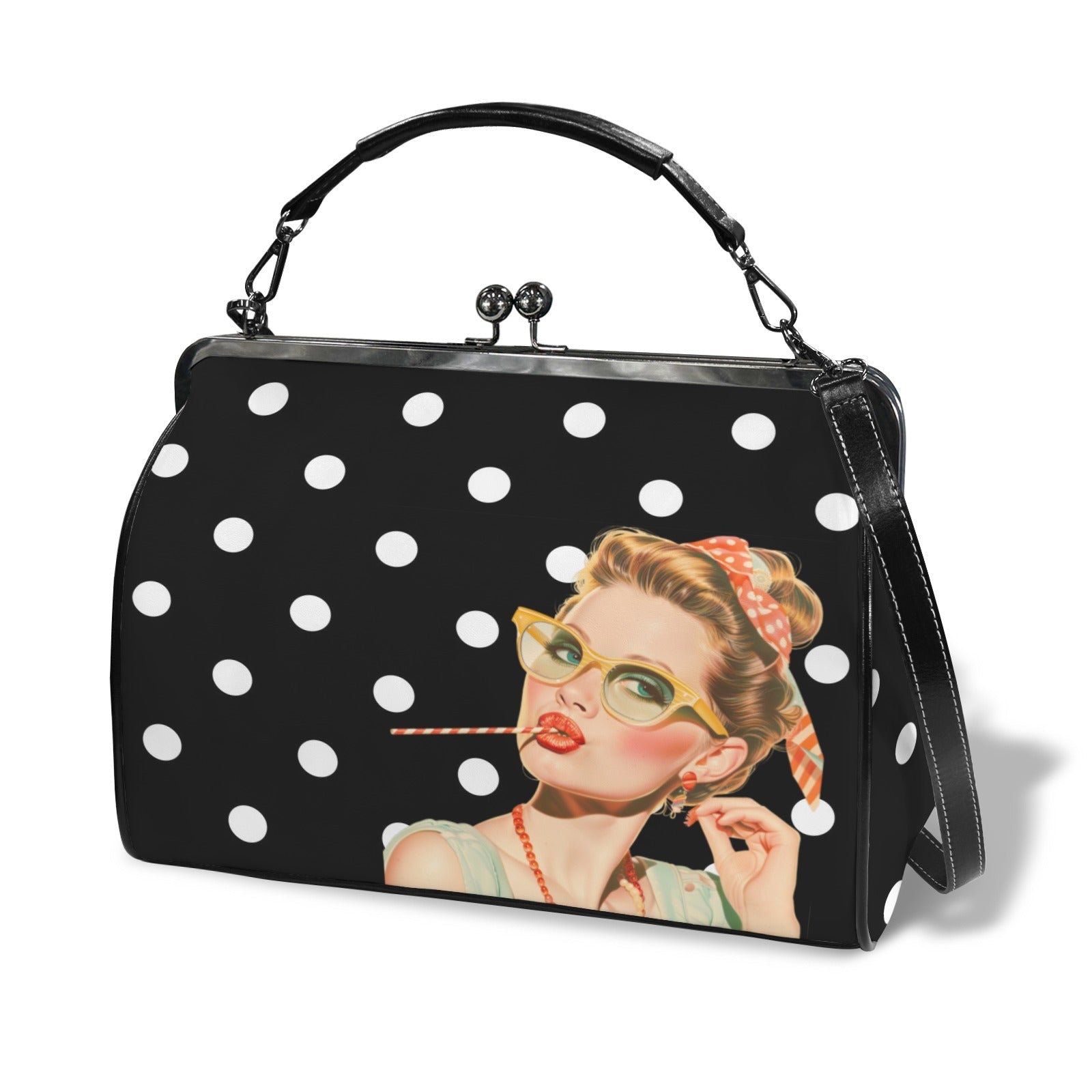 Trendy Black And White Polka Dot Nostalgic Sassy Girl Kisslock Handbag Kisslock Crossbody Shoulder Bag